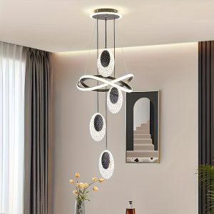 An Elegant LED Chandelier with 4 Oval-shaped Lamp Heads and an Encircling Lamp Ring, Featuring Three Adjustable Lighting Colors, Suitable for Living Rooms, Dining Rooms, Villas and Bedrooms.