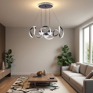 Modern And Simple Acrylic LED Pendant Lamp with A Wavy Light Ring And Three Spherical Lamp Heads: Three-color Adjustable Light, Adjustable Pendant Height, Suitable for Dining Rooms, Dining Tables, Villas, Corridors, Bedrooms And Bar Areas, Modern Cei