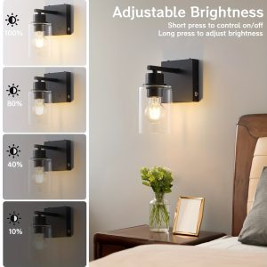 2u002F1 Pack Battery Operated Wall Sconce 5000mAh Rechargeable Wireless Dimmable Wall Light, Matte Black Modern Wall Lamp Wireless Glass Lampshade, Indoor Light Fixtures For Bedroom Living Room Hallway Dining Room (Light Source Included)