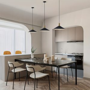 One Nordic Aurora cone-shaped chandelier, suitable for dining room or kitchen island with black and white geometric design, adjustable wire height (bulb not included)