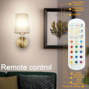 Set of 2 Battery-Powered Wall Sconces in Black, Featuring Wireless Rechargeable Lamps with Fabric Shades, Dimmable Detachable RGB Light Bulbs, And a Remote Control, Perfect for Bedrooms, Living Rooms, And Hallways