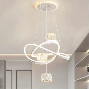Modern LED Chandeliers 3-Color Dimmable Pendant Light with Crystal Decorations for Kitchen Island, Dining Room, Living Room, Contemporary Hanging Ceiling Light, Adjustable Height, Perfect for Modern Home Decor