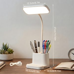 Multifunctional LED Desk Lamp, Eye-Care Soft Light Office Reading Lamp with Dual Pen Holders for Desktop Organization, 360° Swivel Flexible Arm, Touch Control Dimming, Simple Work Light for Dormitory Desks
