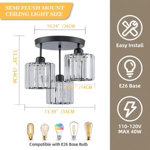 Contemporary Semi-Flush Ceiling Light, Three-Bulb Pendant Fixture with E26 Base, Indoor Crystal Chandelier Suitable for Dining Areas, Bedrooms, Living Rooms, And Hallways