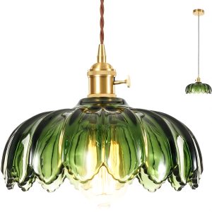 Vintage Green Glass Pendant Light Fixture, E26 Base Hanging Chandelier for Kitchen Island, Bedroom, Dining Room, Living Room - 110Vu002F220V Hardwired, Glass Material, Installation Hardware Included (Bulbs Not Included)